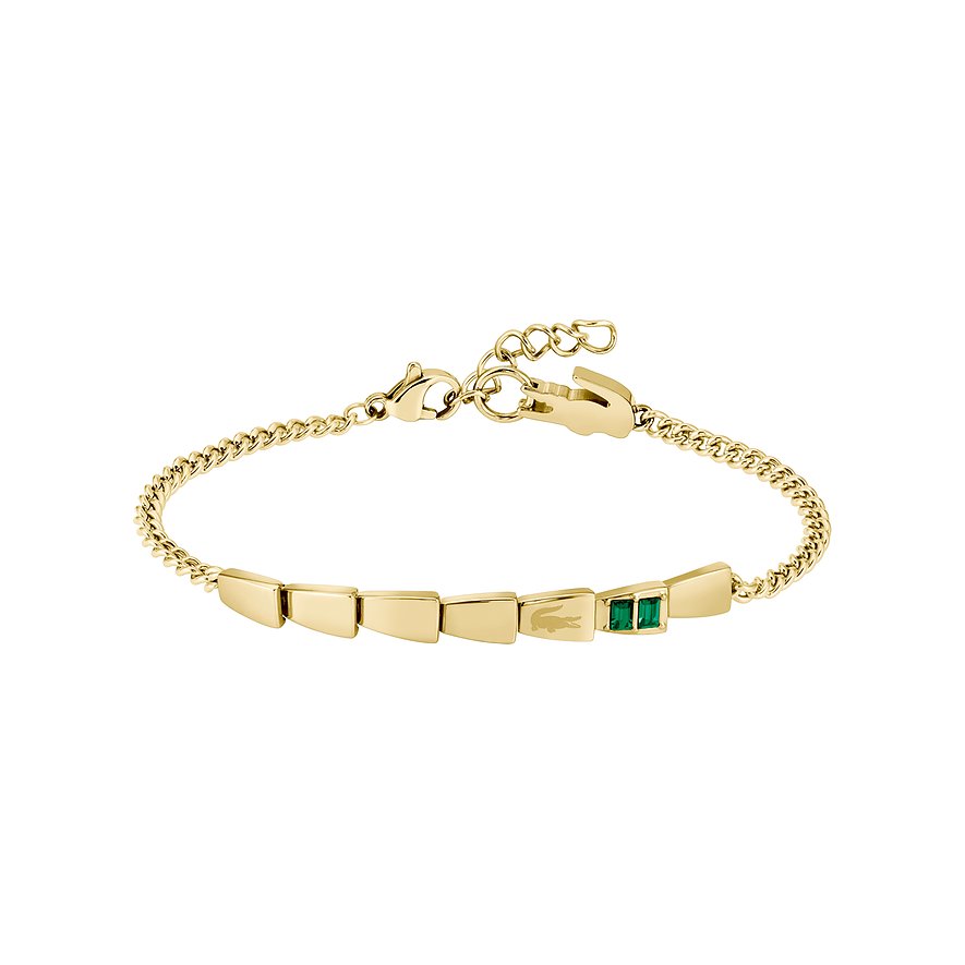Lacoste gold-tone roestvrijstalen armband met kleine rechthoekige kristallen en krokodillenlogo.