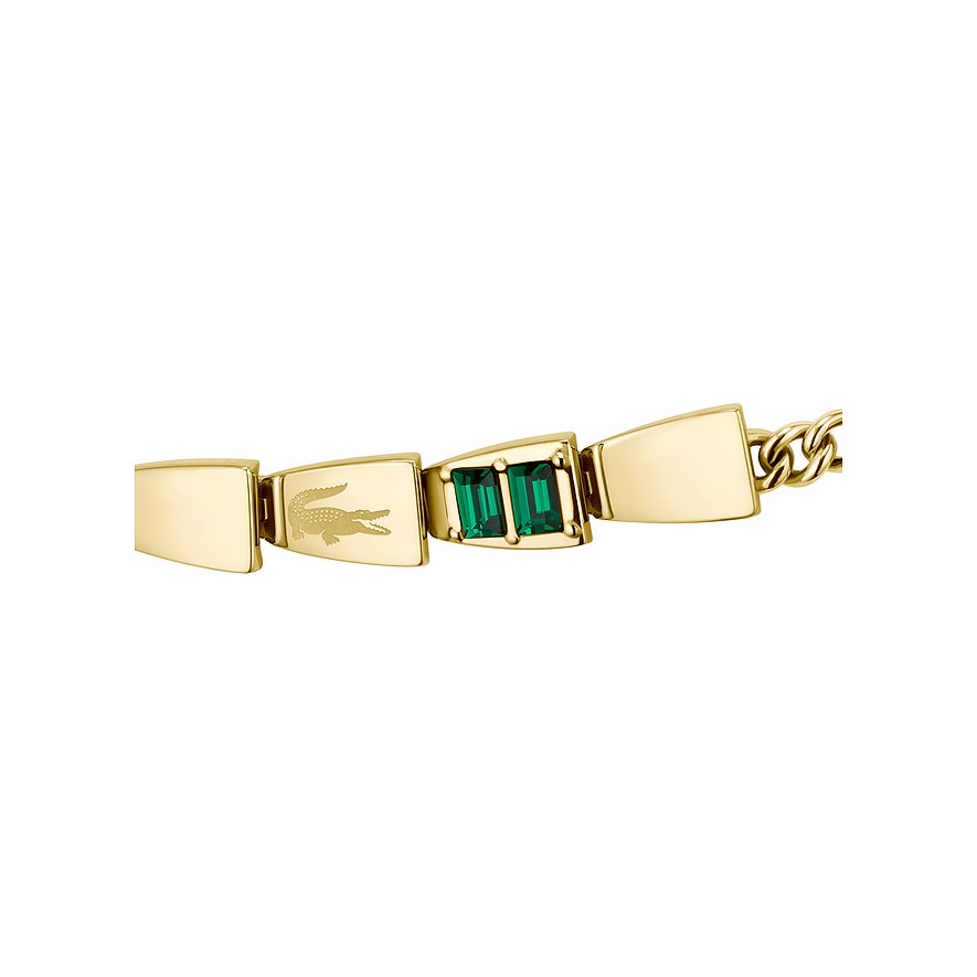 Lacoste armband van geelgoudkleurig roestvrij staal met krokodillenlogo en twee rechthoekige groene kristalstenen.