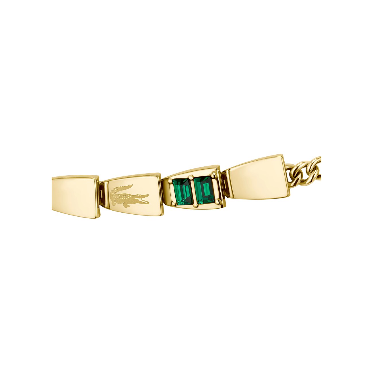 Lacoste armband van geelgoudkleurig roestvrij staal met krokodillenlogo en twee rechthoekige groene kristalstenen.