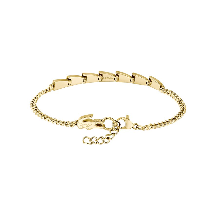 Een gouden Lacoste roestvrijstalen armband met schakelketting en Lacoste opschrift, krokodil als sluiting.