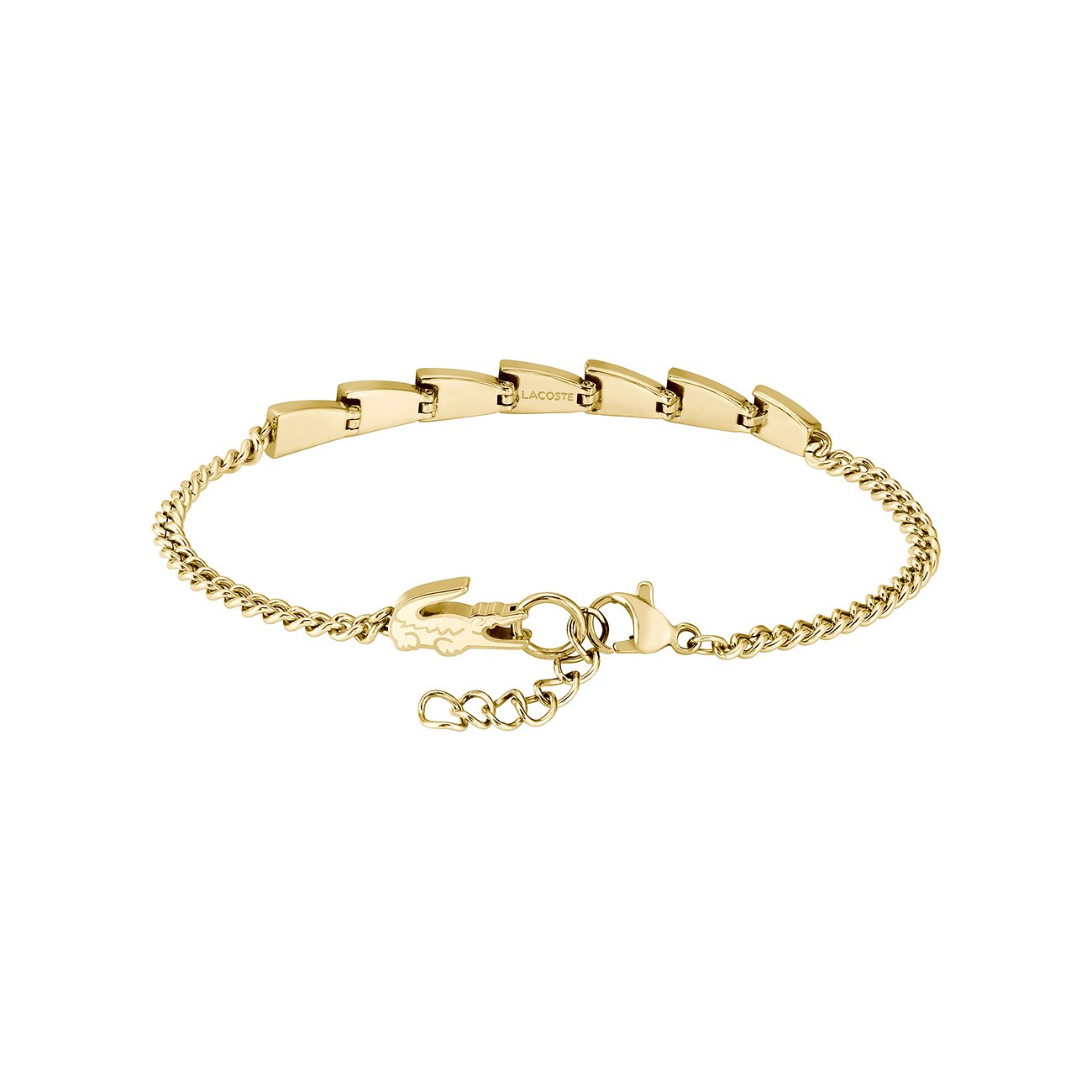 Een gouden Lacoste roestvrijstalen armband met schakelketting en Lacoste opschrift, krokodil als sluiting.