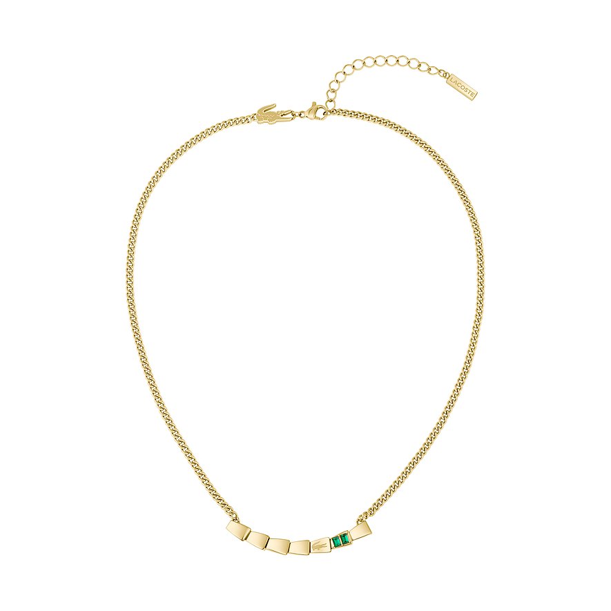 Lacoste damesketting van goudkleurig roestvrij staal met krokodillenbedel en groene kristallen edelstenen.