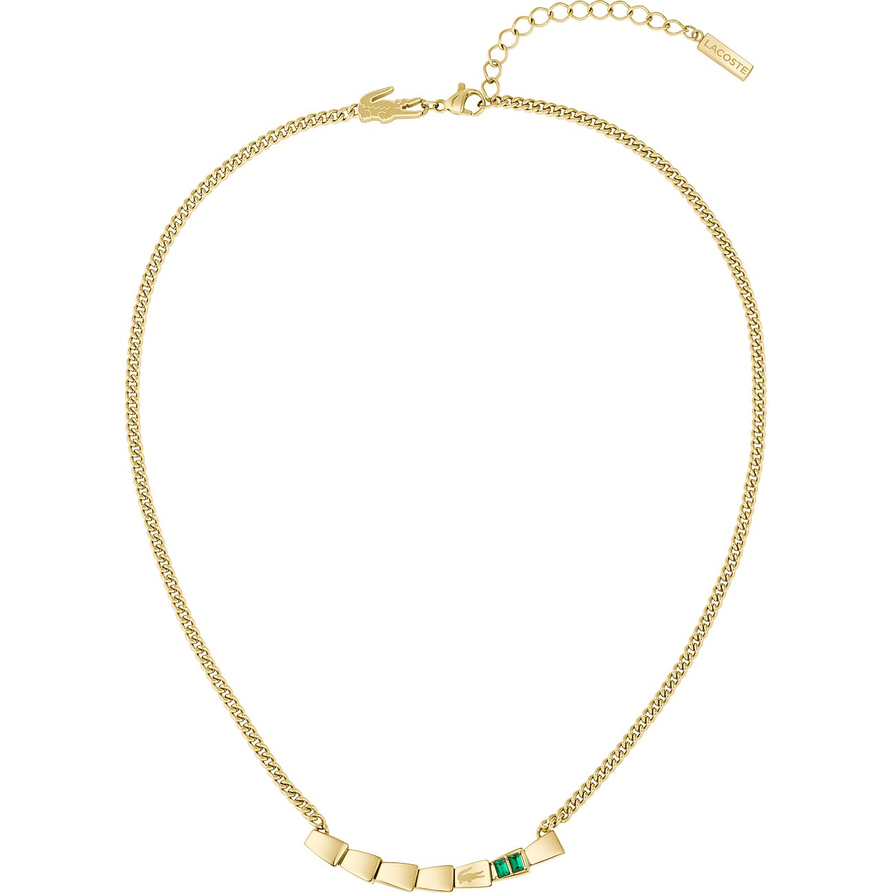 Lacoste damesketting van goudkleurig roestvrij staal met krokodillenbedel en groene kristallen edelstenen.