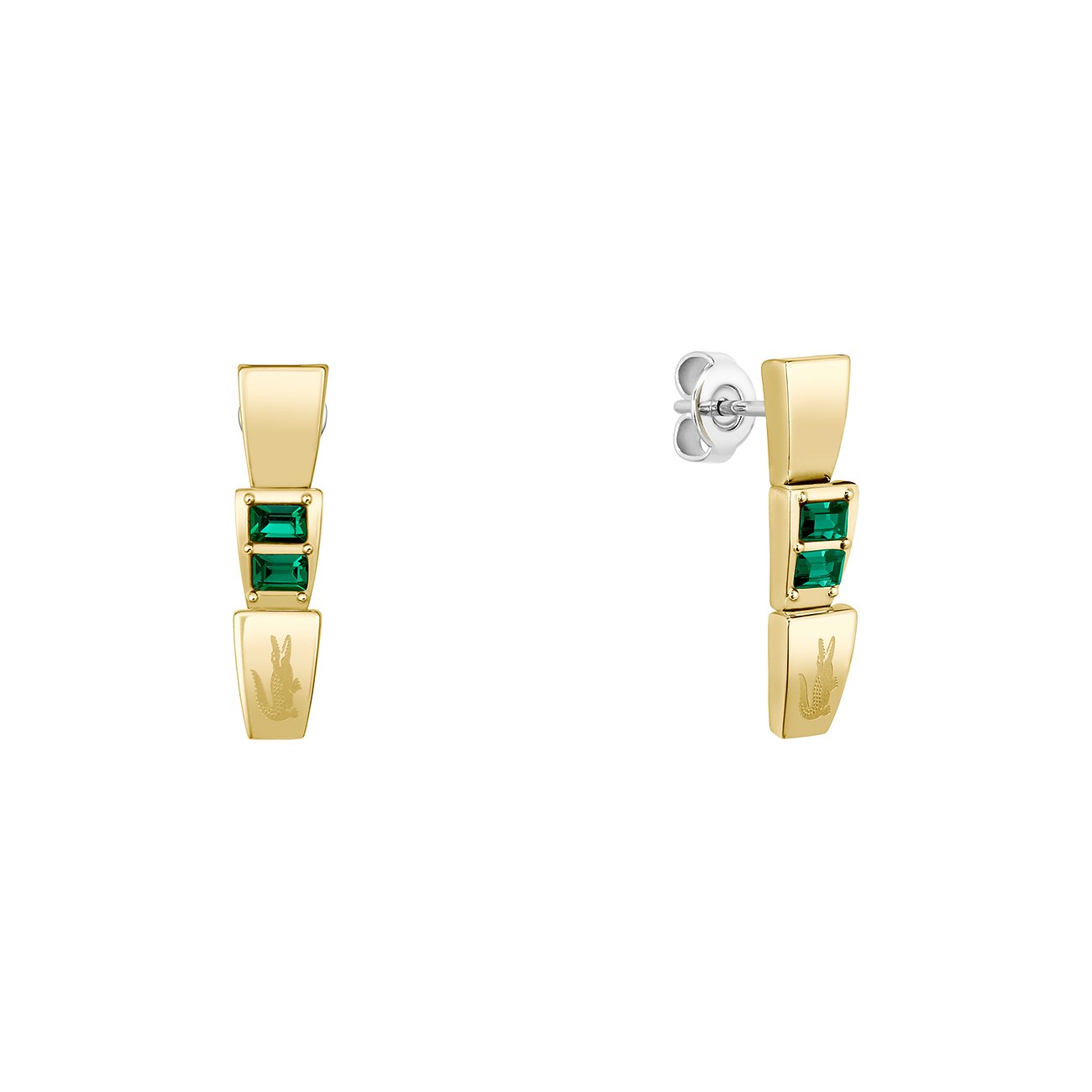 Zwei goldfarbene Lacoste Edelstahl Ohrringe mit jeweils zwei rechteckigen grünen Kristallen und Krokodil-Logo.
