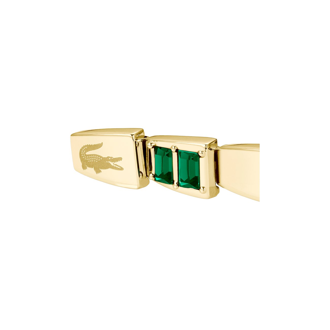 Lacoste Ohrschmuck aus gelbvergoldetem Edelstahl mit zwei rechteckigen, grünen Farbsteinen.