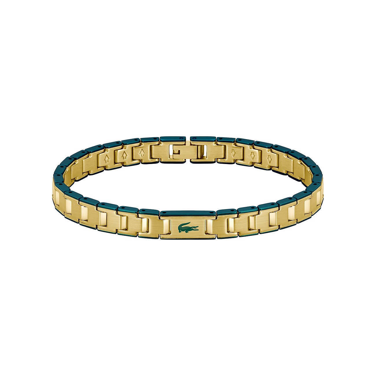 Lacoste armband van geel en blauw roestvrij staal, met het groene krokodillenlogo in het midden.