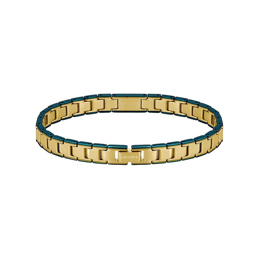 Lacoste armband van geel en blauw roestvrij staal met gegraveerd merklogo.