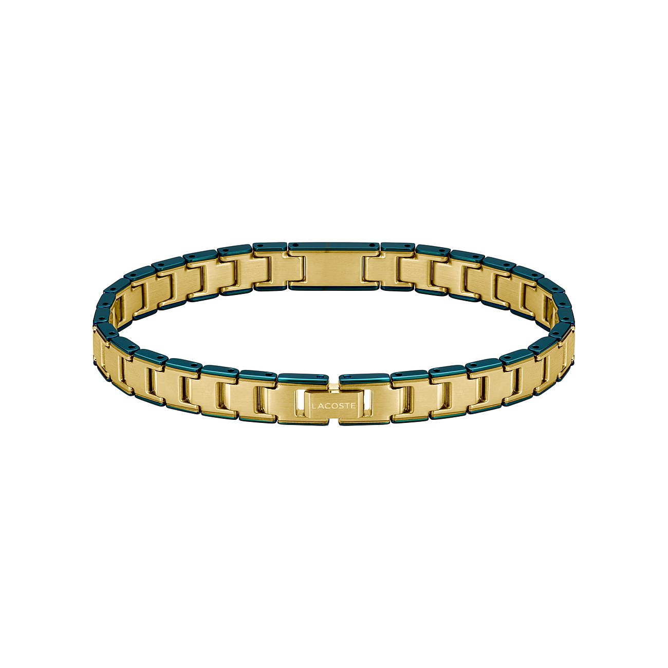 Lacoste armband van geel en blauw roestvrij staal met gegraveerd merklogo.