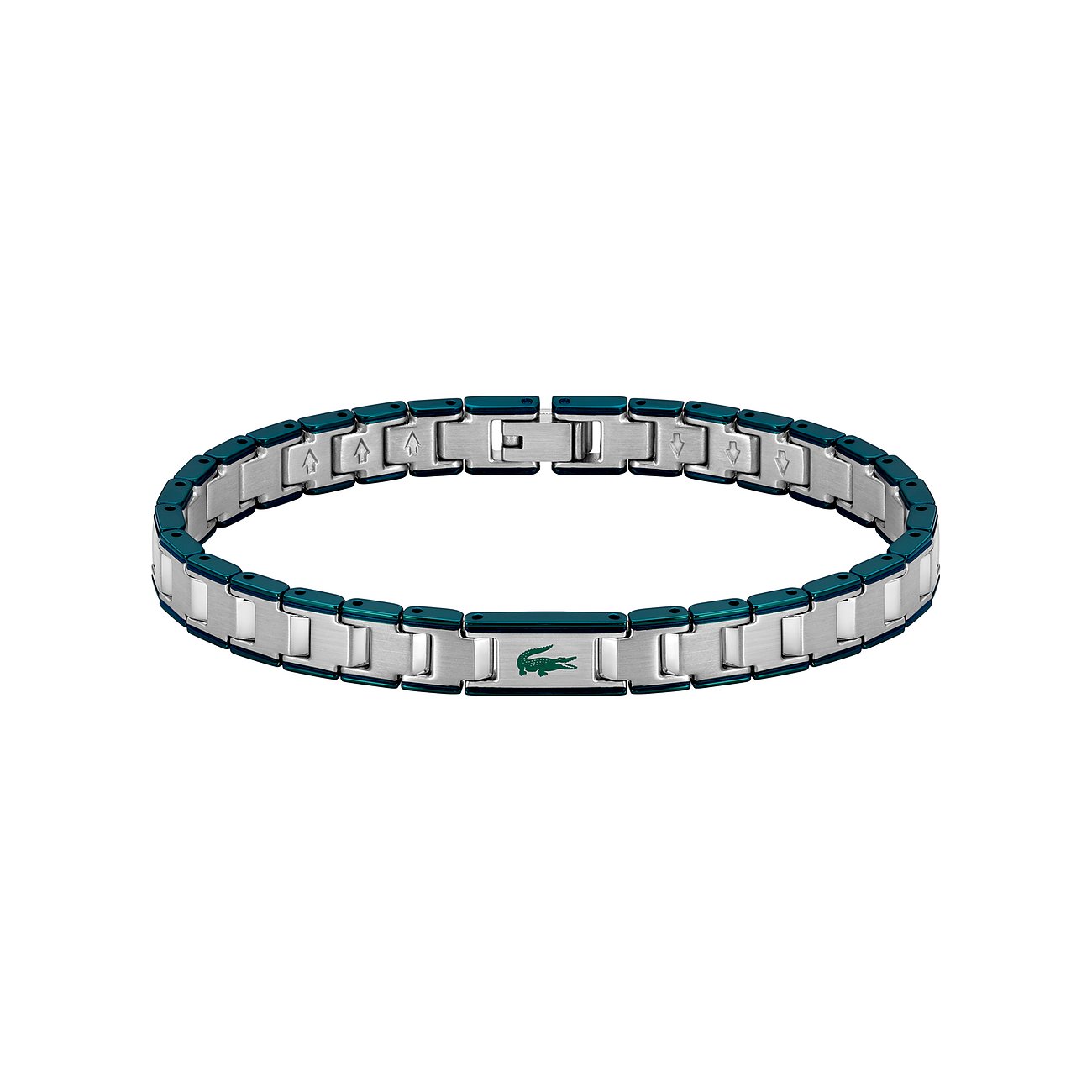 Lacoste armband van geborsteld roestvrij staal met geïntegreerde donkerblauwe accenten en een krokodillenlogo.