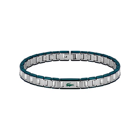 Lacoste Armschmuck aus gebürstetem Edelstahl mit integrierten dunkelblauen Akzenten und einem Krokodil-Logo.