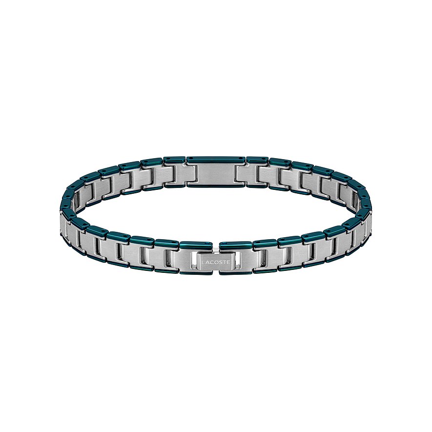 Lacoste armband van geborsteld roestvrij staal met donkergroene schakels en zilverkleurige blokken.