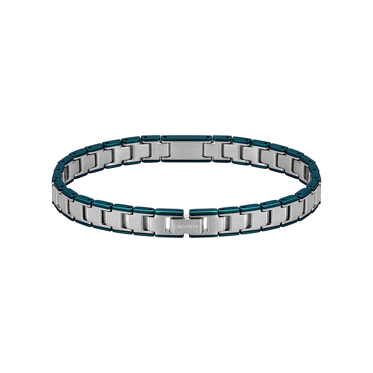 Lacoste armband van geborsteld roestvrij staal met donkergroene schakels en zilverkleurige blokken.