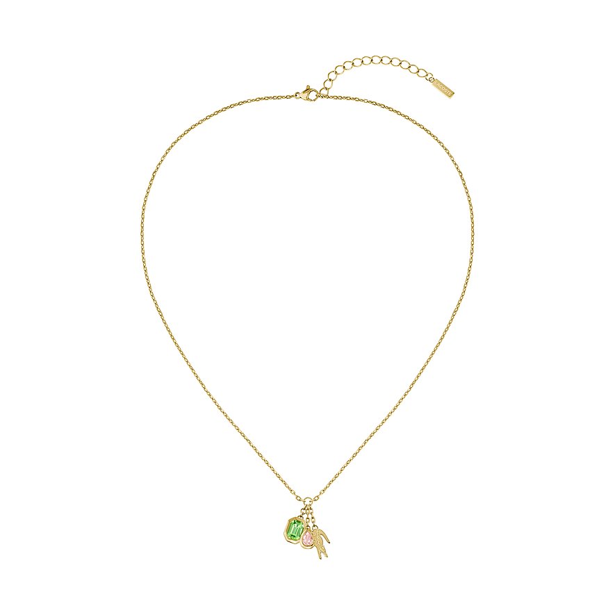 Lacoste ketting van goudbruin roestvrij staal met een groene en roze kristallen hanger.