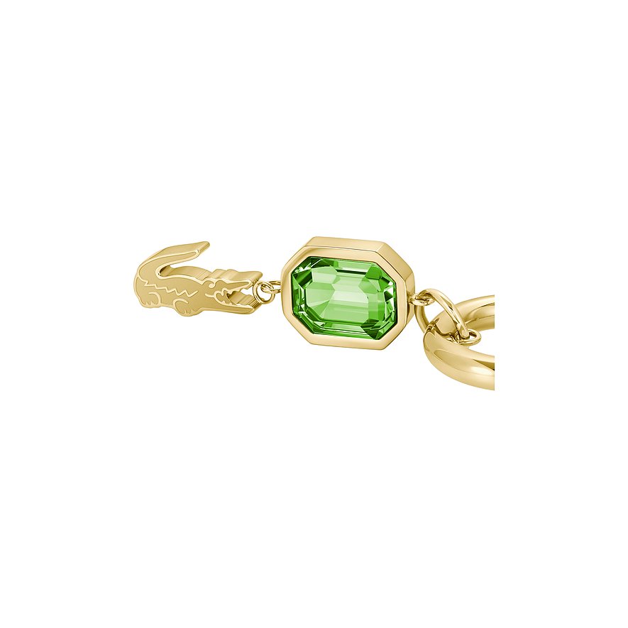 Een gouden Lacoste oorbel-element van roestvrij staal met een achthoekige groene kristallen kleursteen.