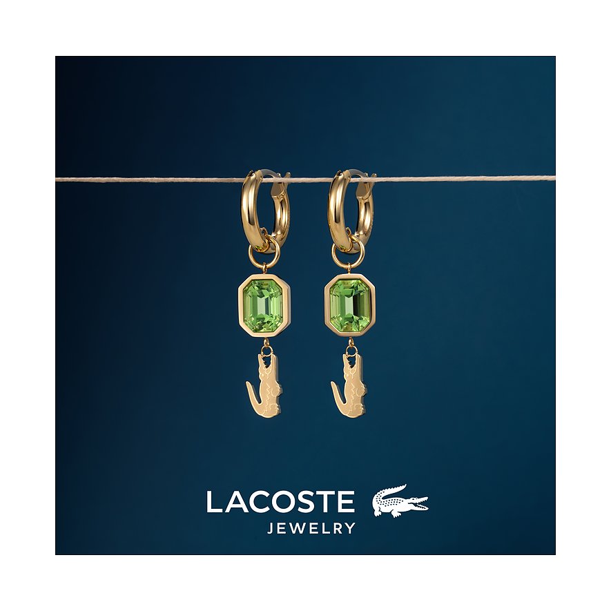 Lacoste creooloorbellen goudkleurig edelstaal met achthoekig groen kristal en krokodilbedel.