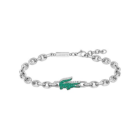 Lacoste Armband aus Edelstahl mit Kettengliedern und einem Krokodil-Anhänger, besetzt mit grünen Kristall Farbsteinen.