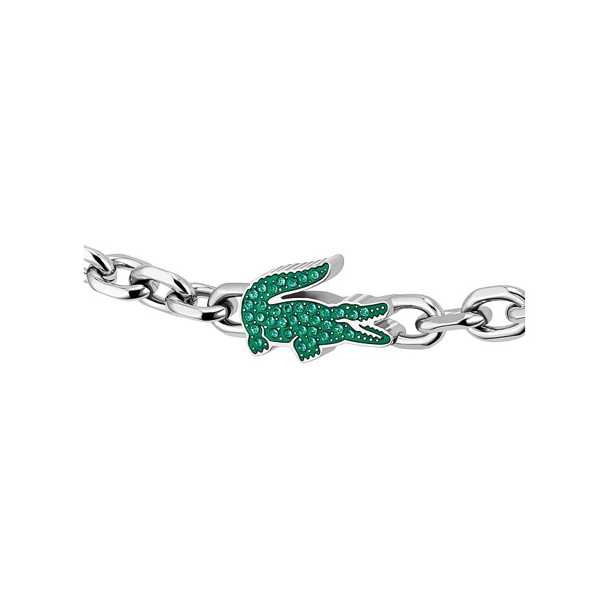 Lacoste Edelstahl-Armband mit Krokodil-Anhänger, besetzt mit funkelnden grünen Kristallen.
