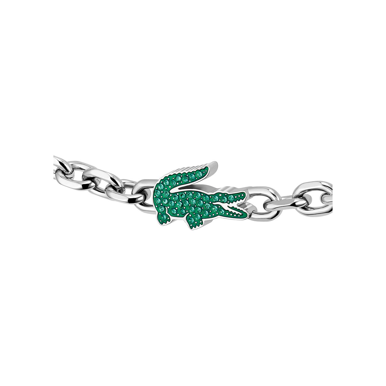 Lacoste Edelstahl-Armband mit Krokodil-Anhänger, besetzt mit funkelnden grünen Kristallen.