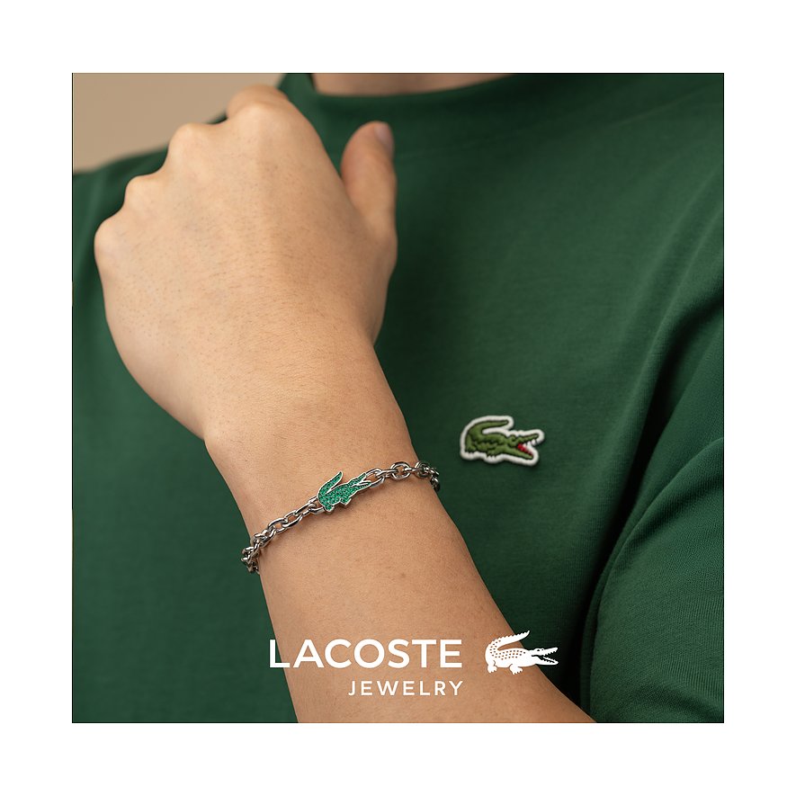 Lacoste Armschmuck Armband aus Edelstahl mit einem grünen Kroko-Logo aus Farbstein auf einer Kette