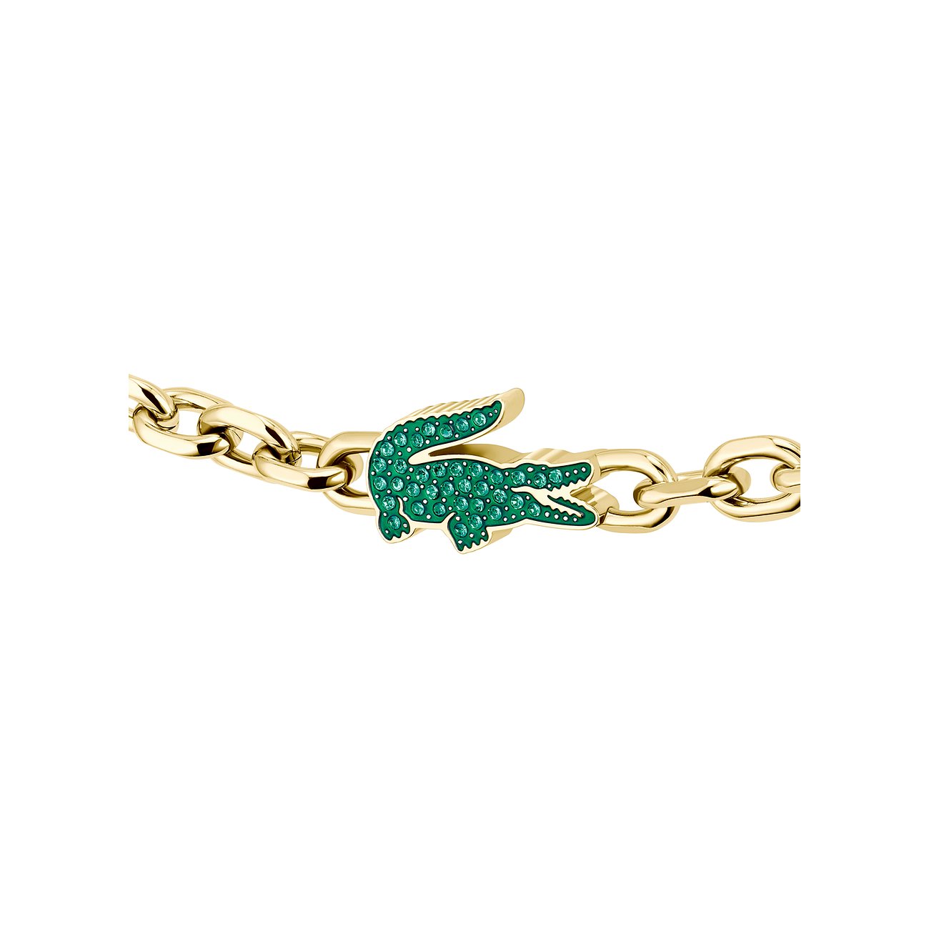 Lacoste Armschmuck aus Edelstahl mit goldfarbener Kette und einem Krokodil, besetzt mit grünen Kristall Farbsteinen.