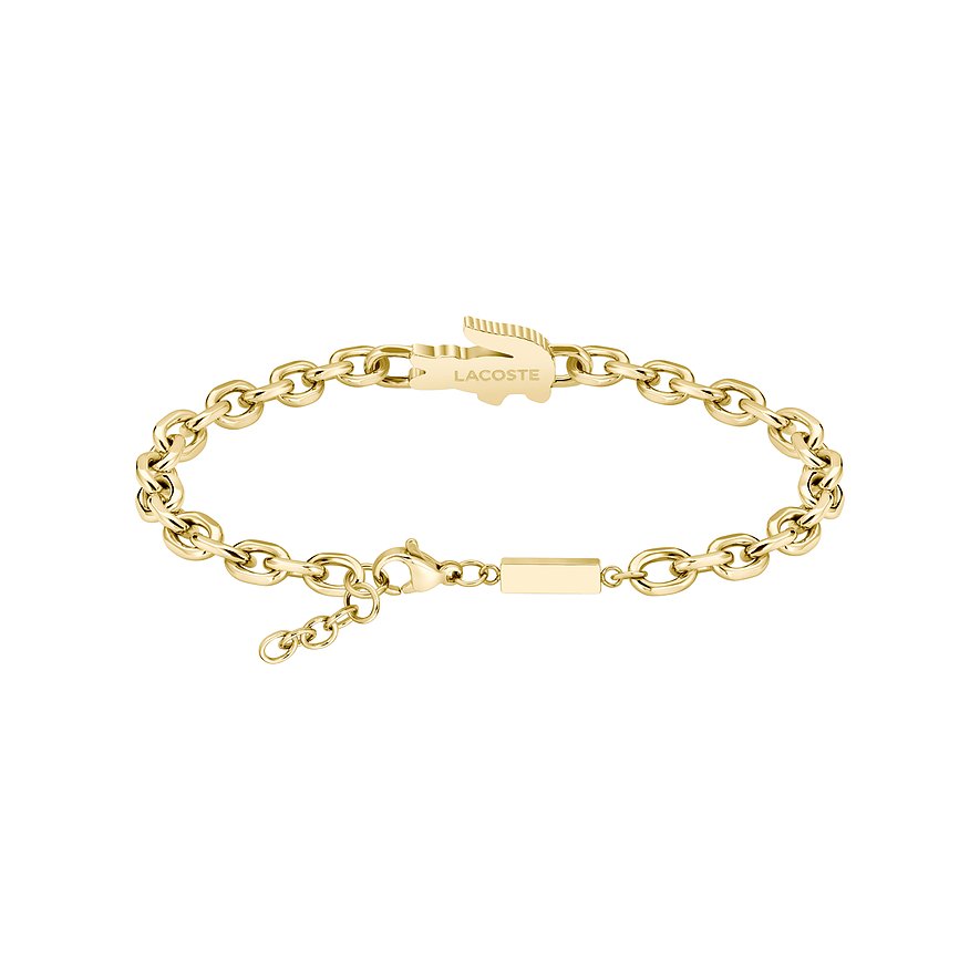 Lacoste Armband, goldfarben aus Edelstahl mit Ketten und einem Krokodil-Anhänger.
