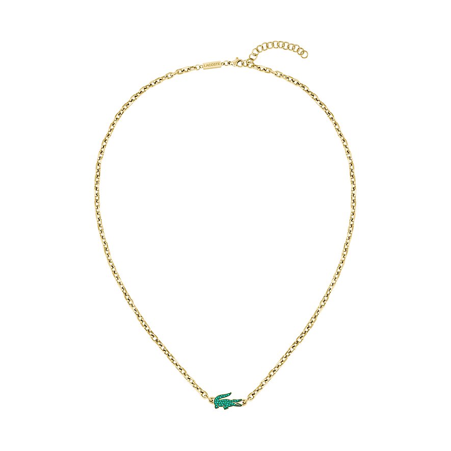 Lacoste Halsschmuck aus goldfarbenem Edelstahl mit einer Kette und einem grünen Kristall-Krokodil-Anhänger.