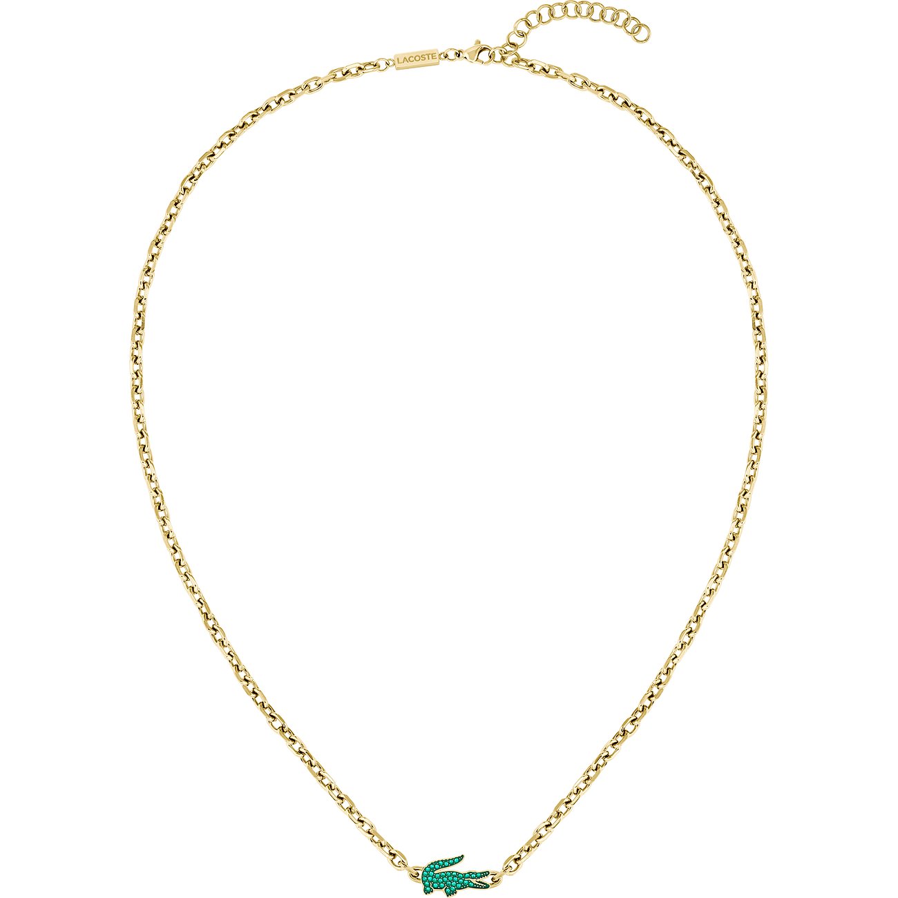 Lacoste Halsschmuck aus goldfarbenem Edelstahl mit einer Kette und einem grünen Kristall-Krokodil-Anhänger.