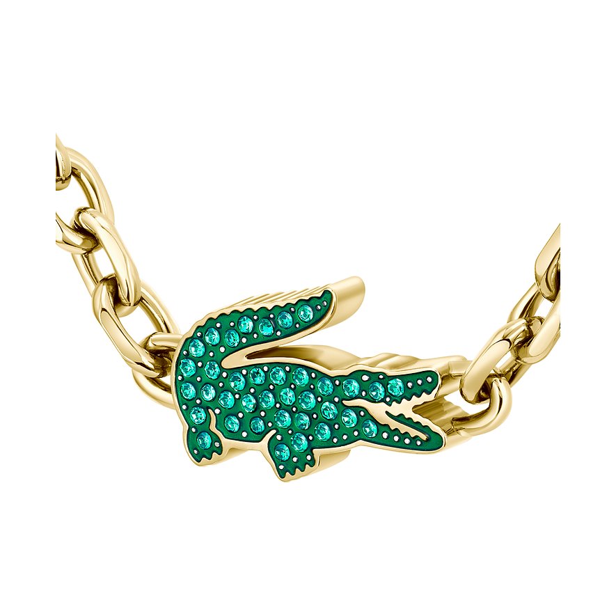 Lacoste Halsschmuck aus goldfarbenem Edelstahl mit Krokodil-Anhänger, besetzt mit grünen Kristallen.