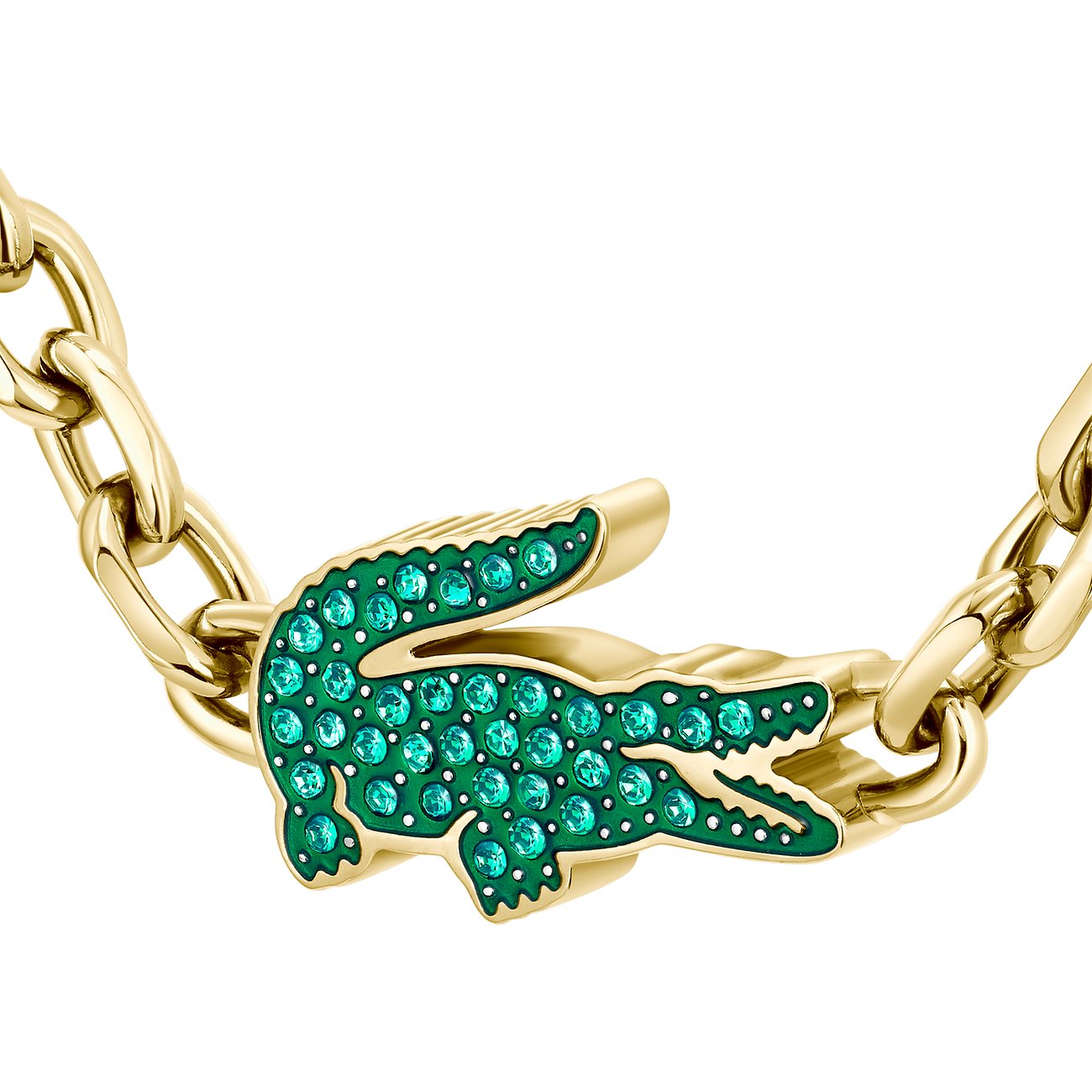 Lacoste Halsschmuck aus goldfarbenem Edelstahl mit Krokodil-Anhänger, besetzt mit grünen Kristallen.