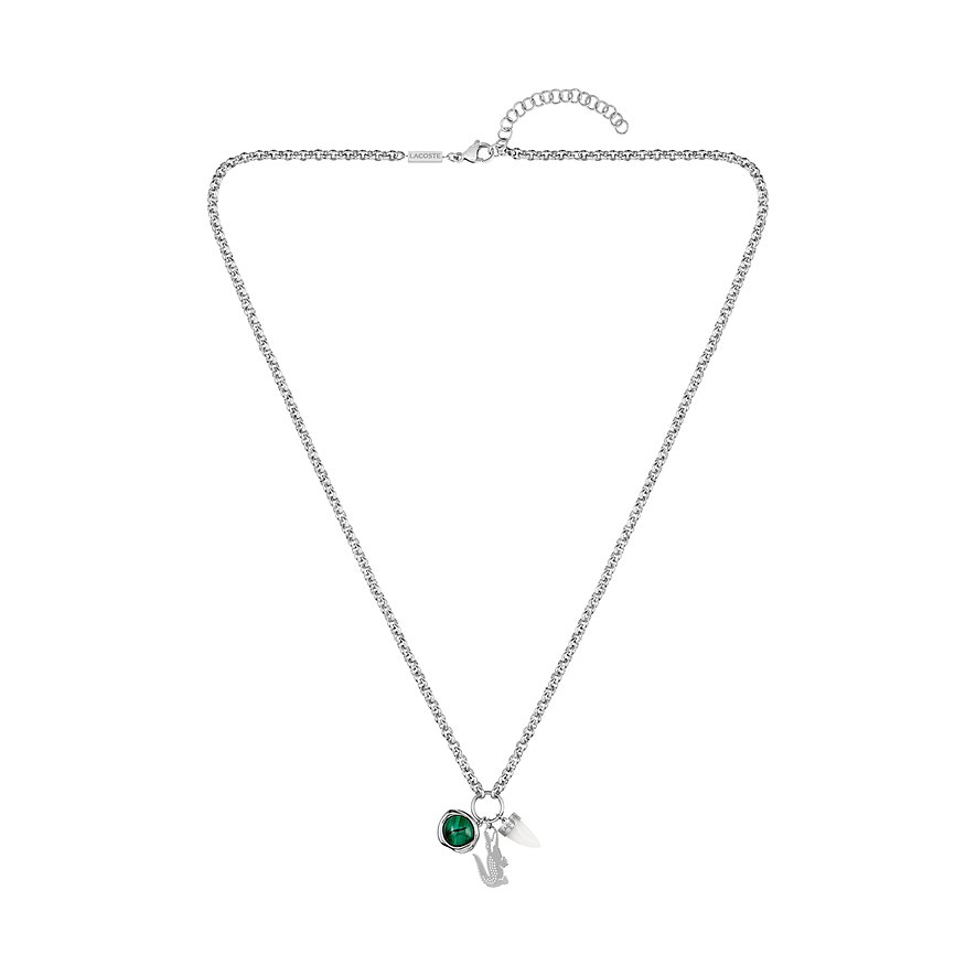 Lacoste Halsschmuck aus Edelstahl mit rundem Malachit-Anhänger und Krokodil-Symbol.