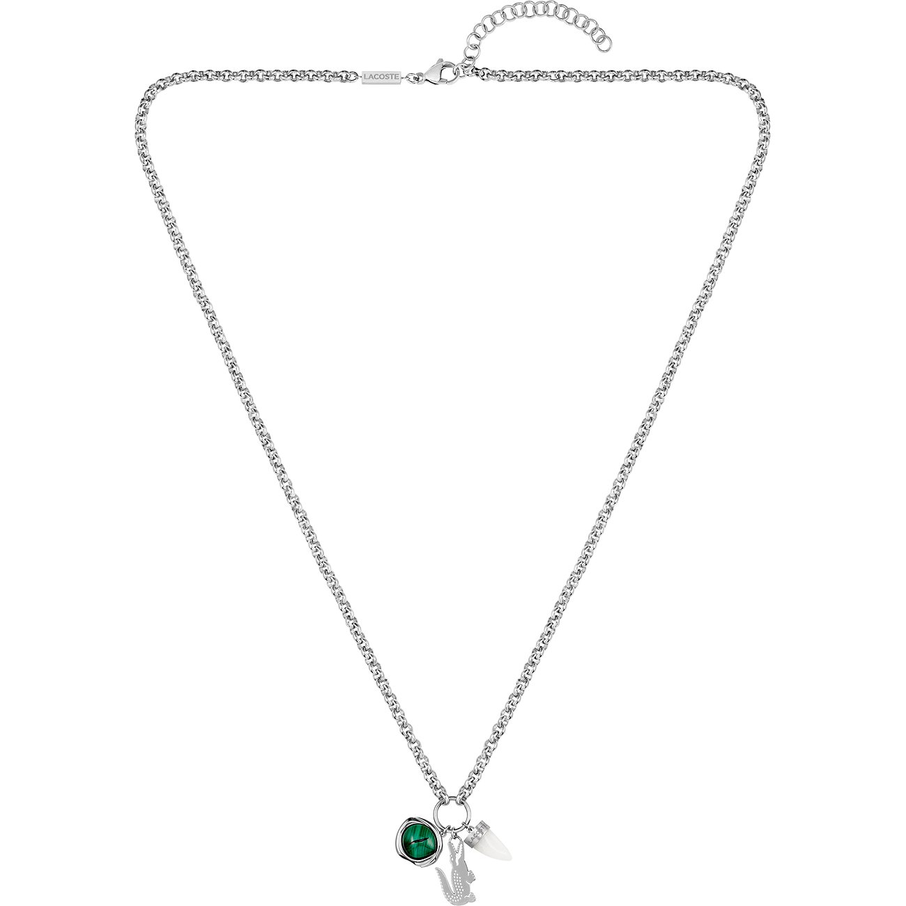 Lacoste Halsschmuck aus Edelstahl mit rundem Malachit-Anhänger und Krokodil-Symbol.