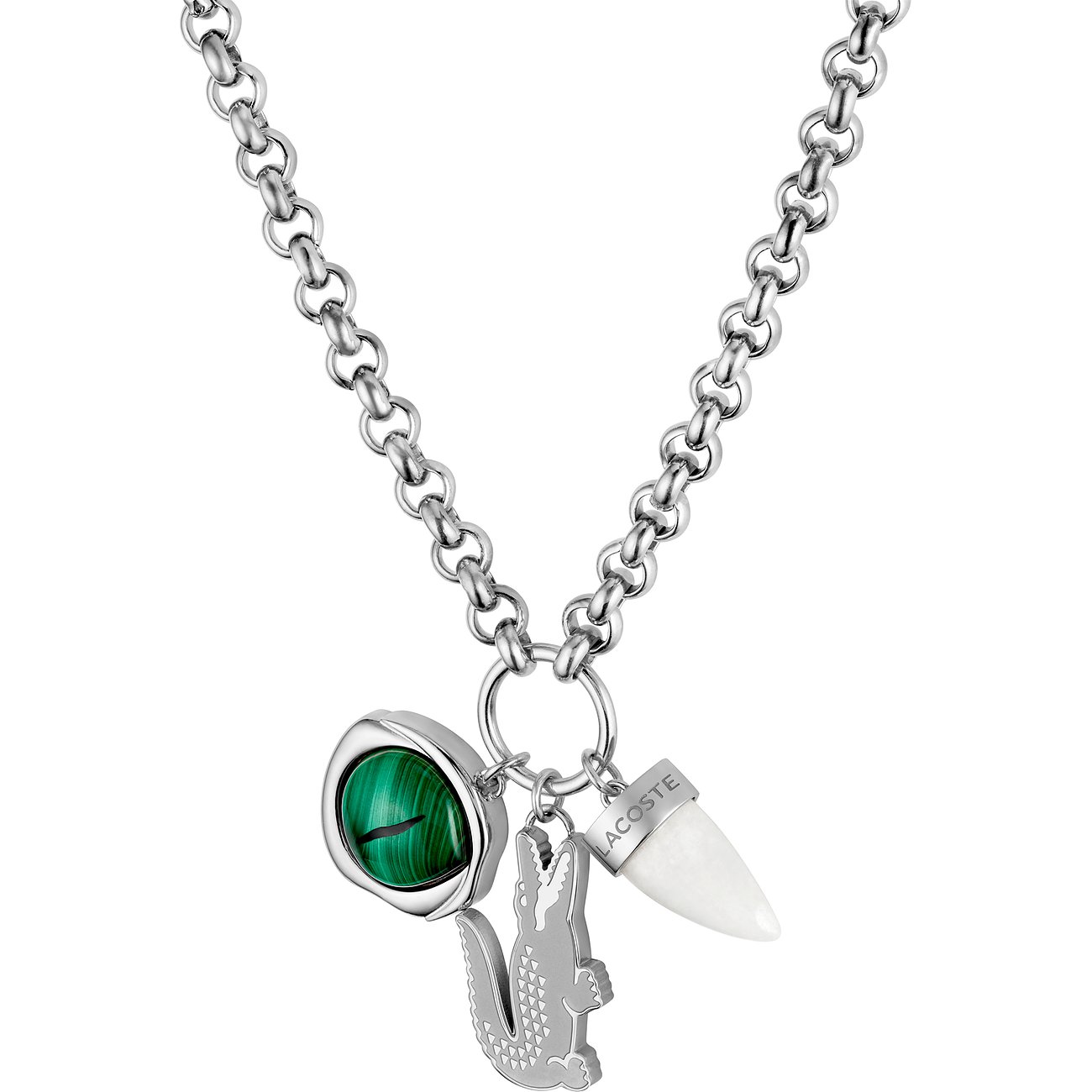 Lacoste Halsschmuck aus Edelstahl mit einem grünen Malachit-Anhänger, einem Krokodil und einem Reißzahn.