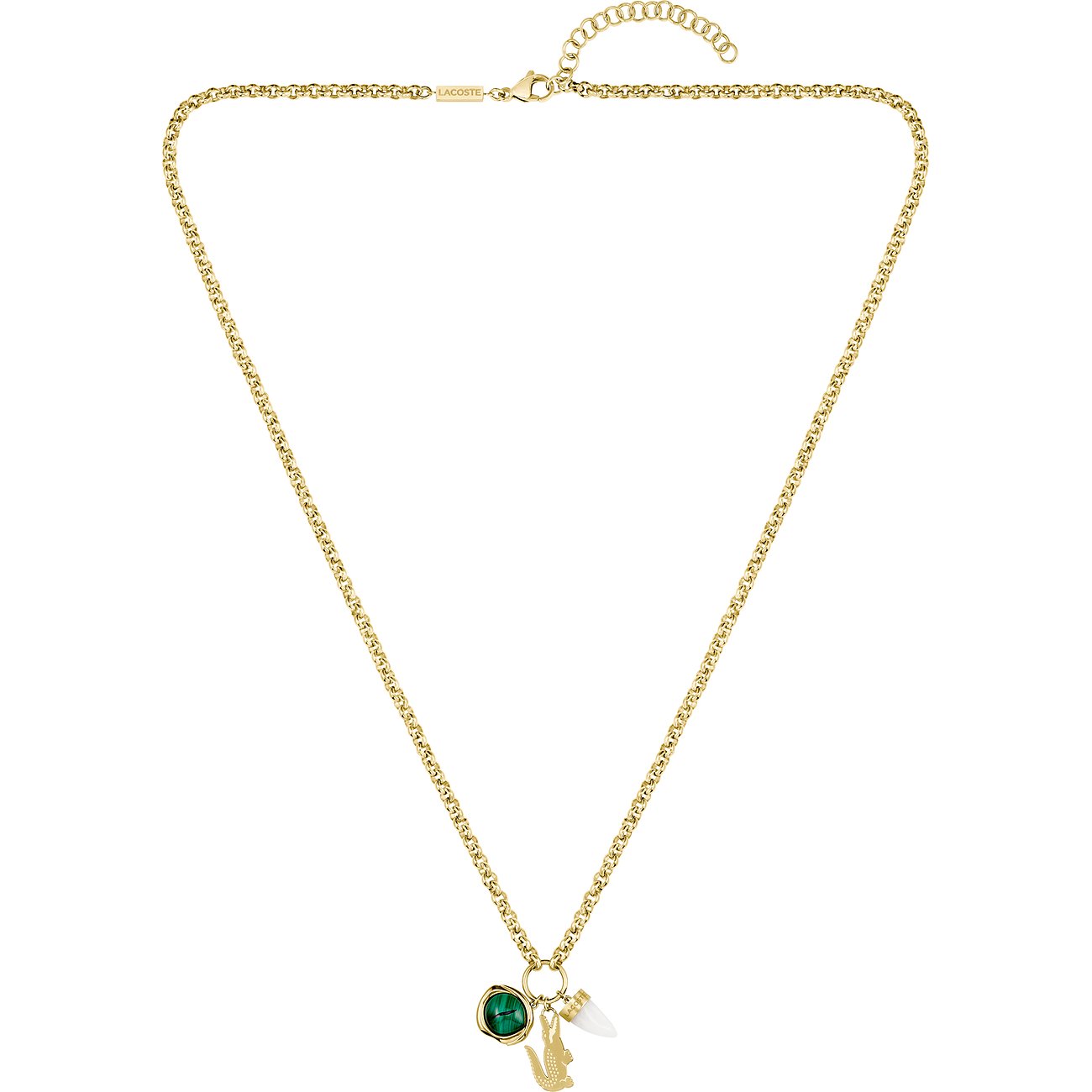 Lacoste Edelstahl-Halskette mit goldfarbener Kette und Anhängern: ein grüner Malachit, ein Krokodil und ein weißer Zahn.