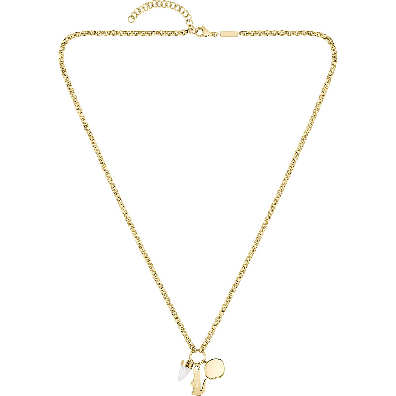 Lacoste Halsschmuck aus goldfarbenem Edelstahl mit drei Anhängern, darunter ein goldener Krokodil-Anhänger.