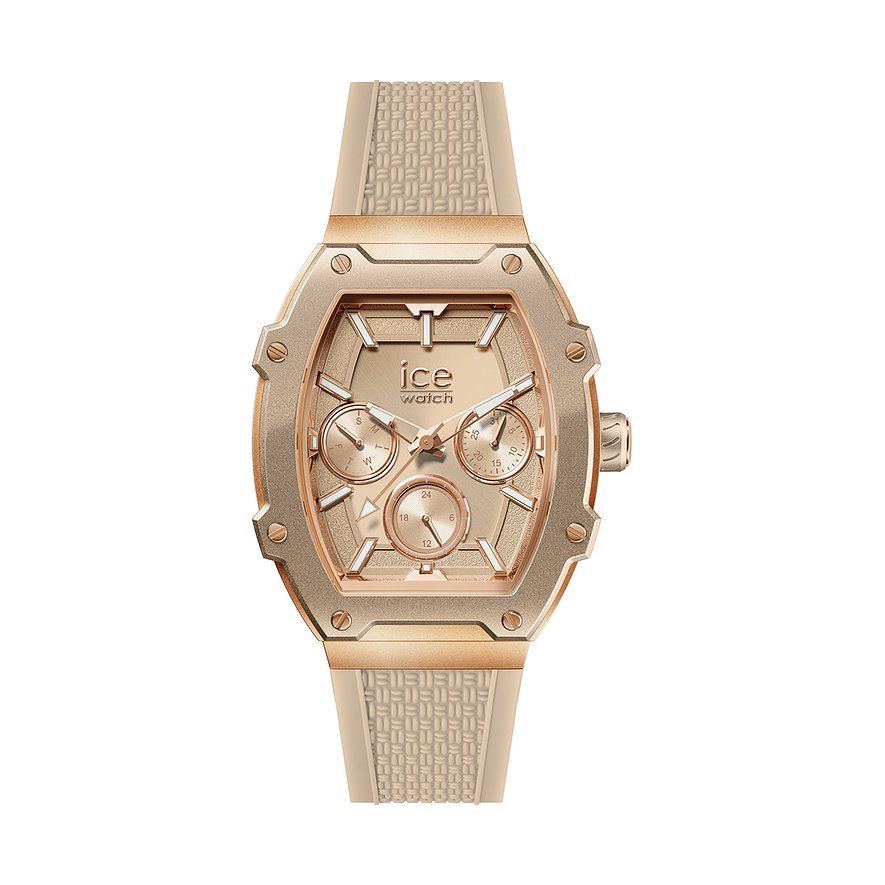 ICE Watch Damenuhr aus goldfarbenem Edelstahl und Aluminium mit beigefarbenem Silikonarmband.