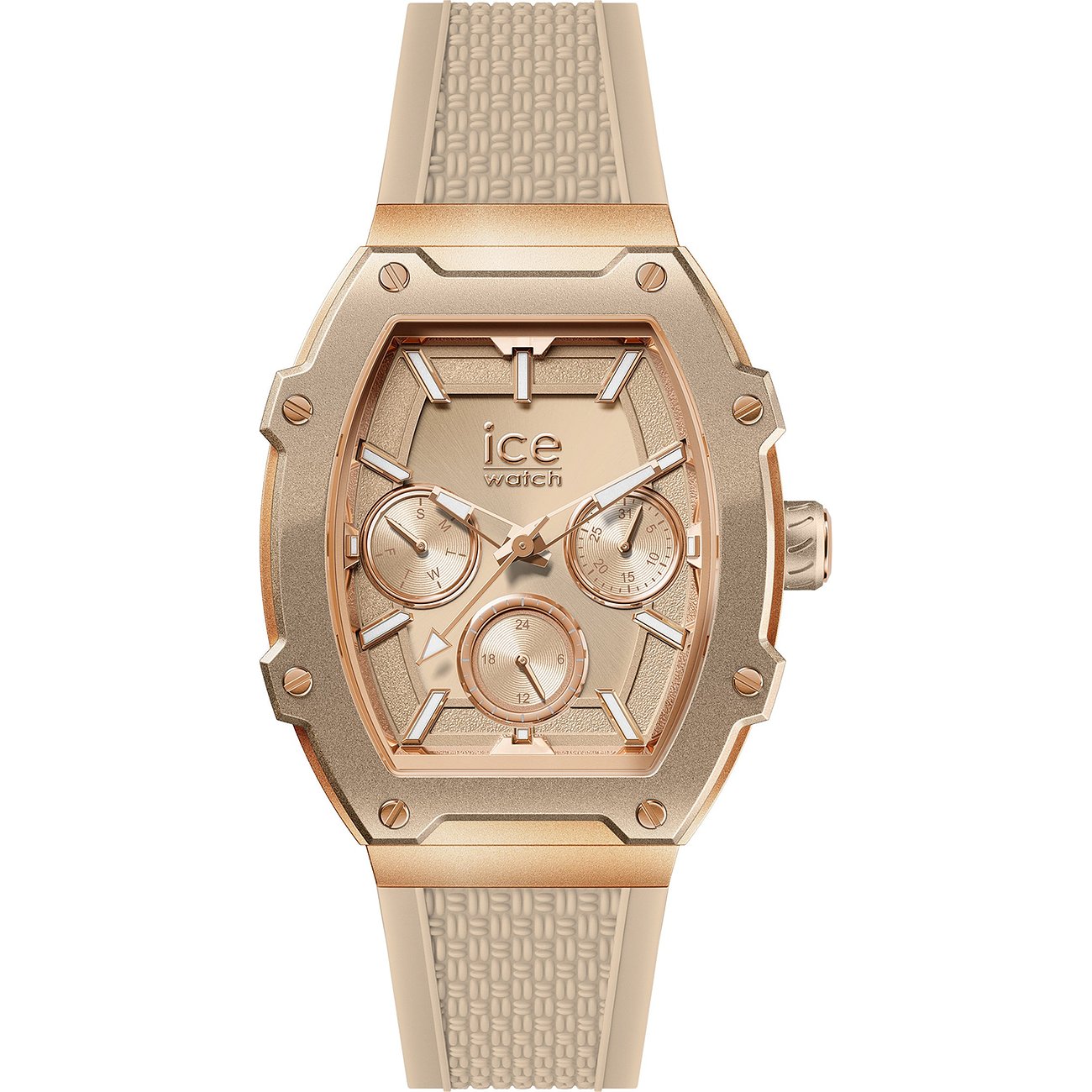 ICE Watch Damenuhr aus goldfarbenem Edelstahl und Aluminium mit beigefarbenem Silikonarmband.
