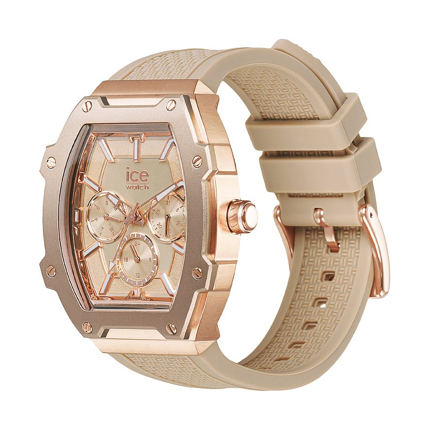 ICE Watch Damenuhr aus rosegoldfarbenem Edelstahl und Aluminium mit beigefarbenem strukturiertem Band.