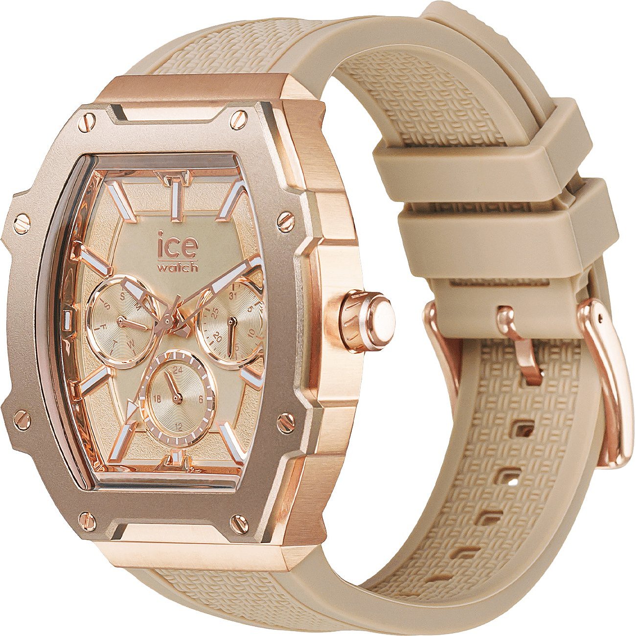 ICE Watch Damenuhr aus rosegoldfarbenem Edelstahl und Aluminium mit beigefarbenem strukturiertem Band.