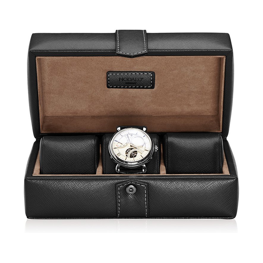 Open Modalo horlogedoos van zwart kunstleer met een zilveren horloge in het midden en een bruine binnenkant.