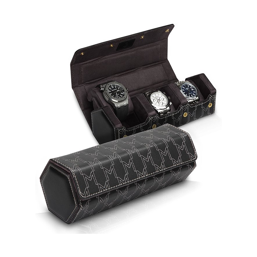 Die geöffnete Uhrenrolle aus Lederimitation von Modalo mit drei Armbanduhren und eine geschlossene daneben.