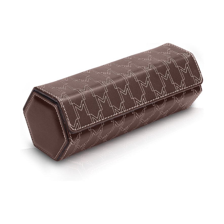 Braune Modalo Uhrenrolle aus Lederimitation mit wiederholtem „M“-Muster und heller Ziernaht.