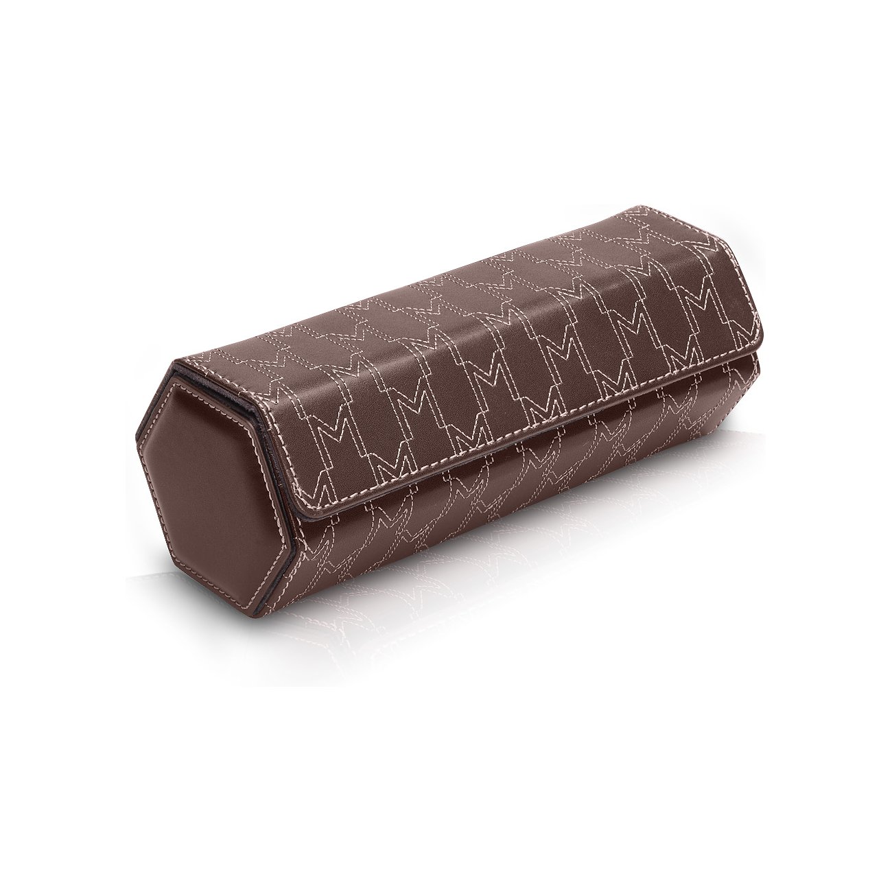 Braune Modalo Uhrenrolle aus Lederimitation mit wiederholtem „M“-Muster und heller Ziernaht.
