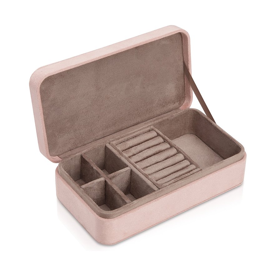 Eine offene Modalo Schmuckschatulle aus rosa Samt mit verschiedenen Fächern und Ringhaltern.