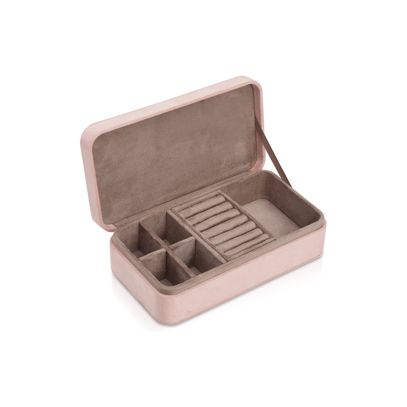 Eine offene Modalo Schmuckschatulle aus rosa Samt mit verschiedenen Fächern und Ringhaltern.