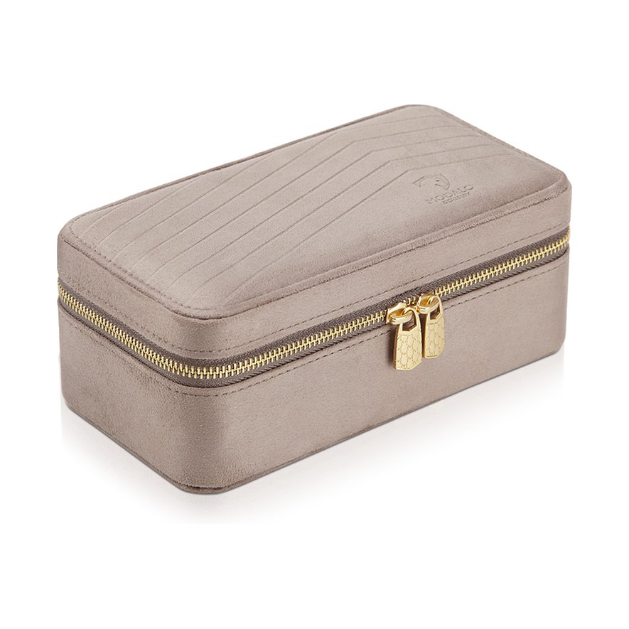 Rechteckige Modalo Schmuckbox aus Samt von oben rechts, mit goldenen Reißverschlüssen und gestepptem Muster.