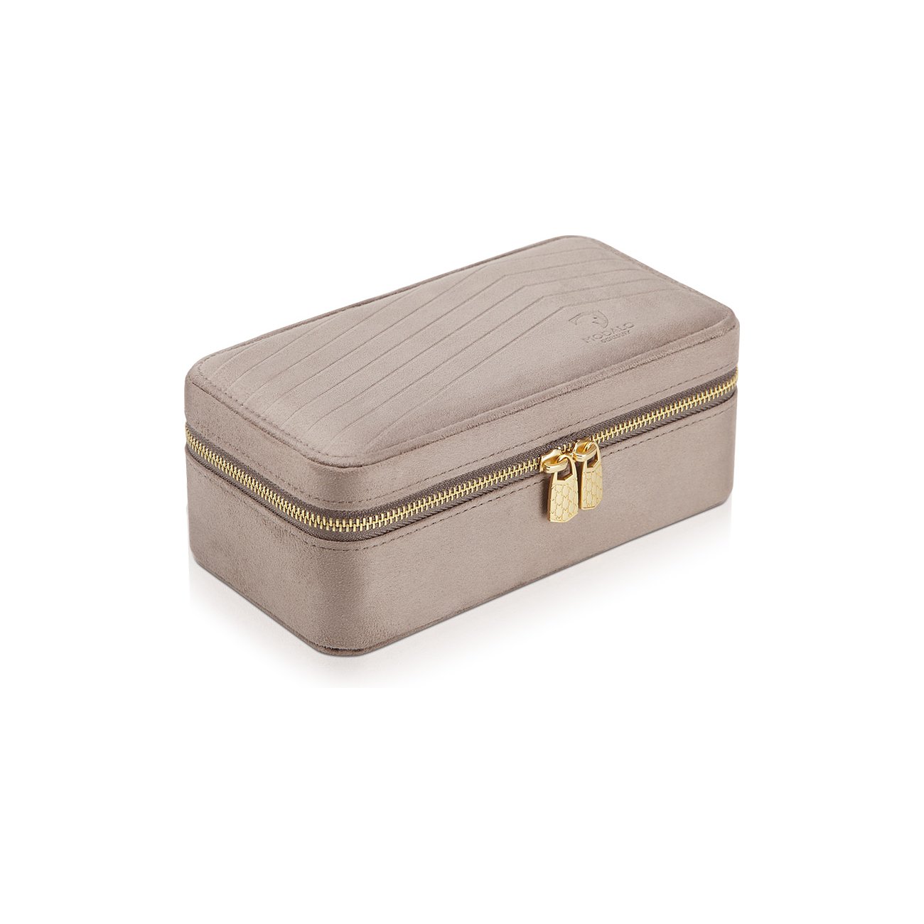 Rechteckige Modalo Schmuckbox aus Samt von oben rechts, mit goldenen Reißverschlüssen und gestepptem Muster.