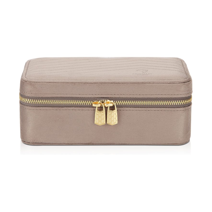 Modalo Schatulle aus Samt in Taupe mit doppelten goldenen Reißverschlüssen, frontale Nahaufnahme.