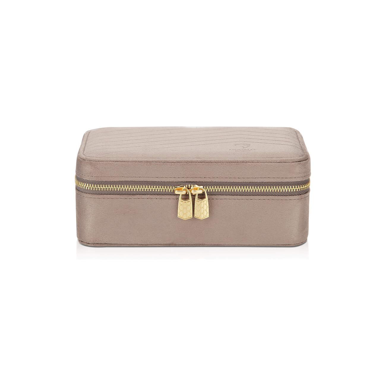 Modalo Schatulle aus Samt in Taupe mit doppelten goldenen Reißverschlüssen, frontale Nahaufnahme.