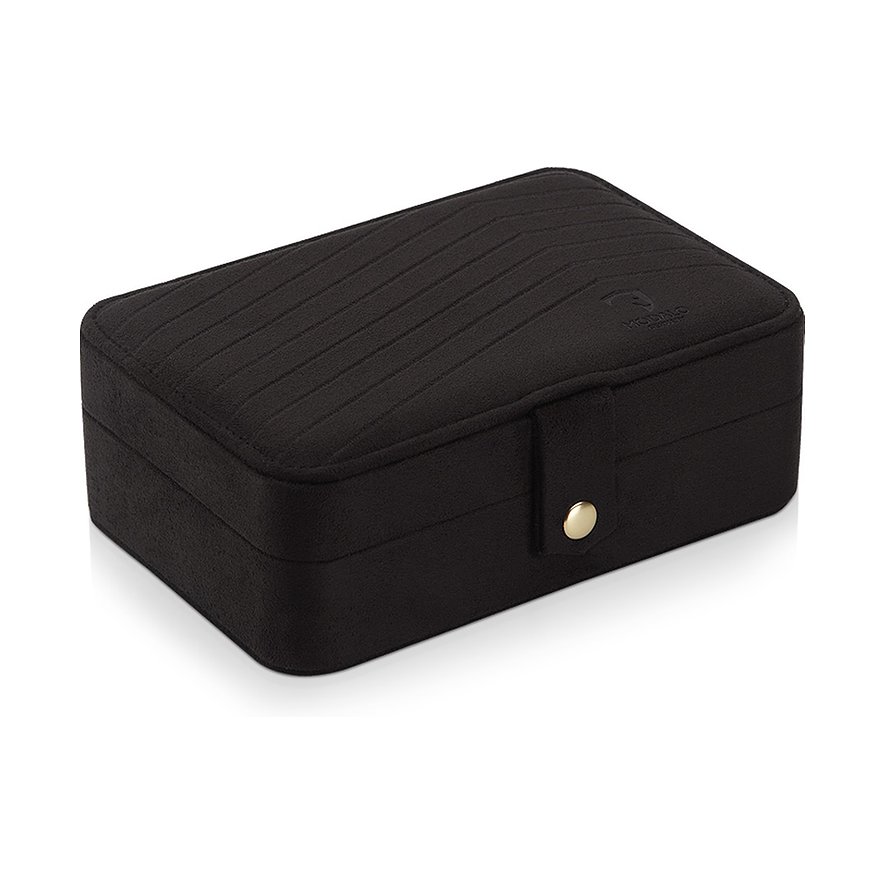 Modalo Uhrenbox aus schwarzem Samt mit Rillenmuster auf dem Deckel und goldenem Druckknopfverschluss.