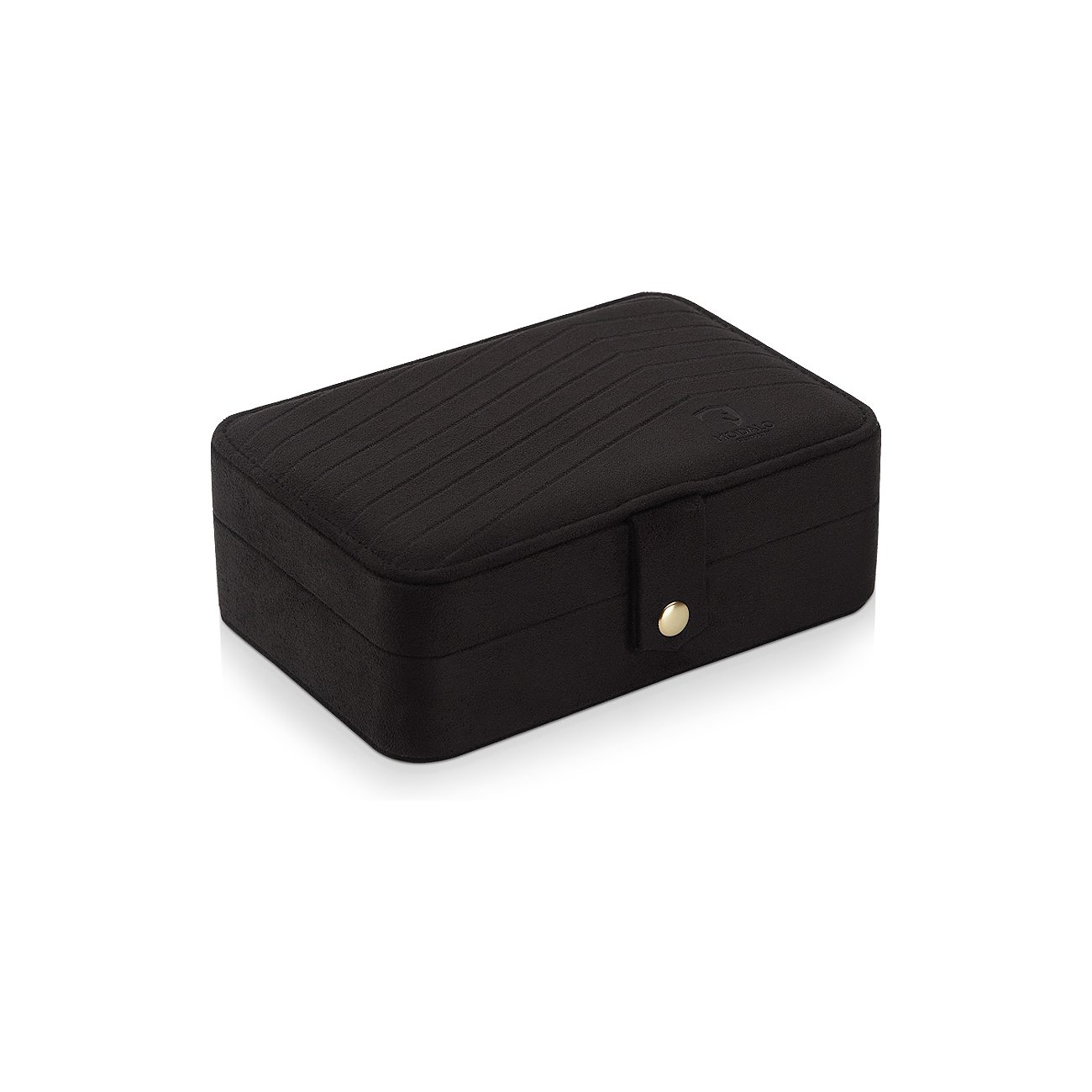 Modalo Uhrenbox aus schwarzem Samt mit Rillenmuster auf dem Deckel und goldenem Druckknopfverschluss.